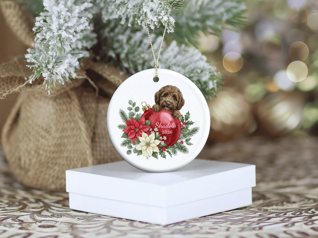 First Christmas Chocolate Goldendoodle Ornament in by AnywherePOD