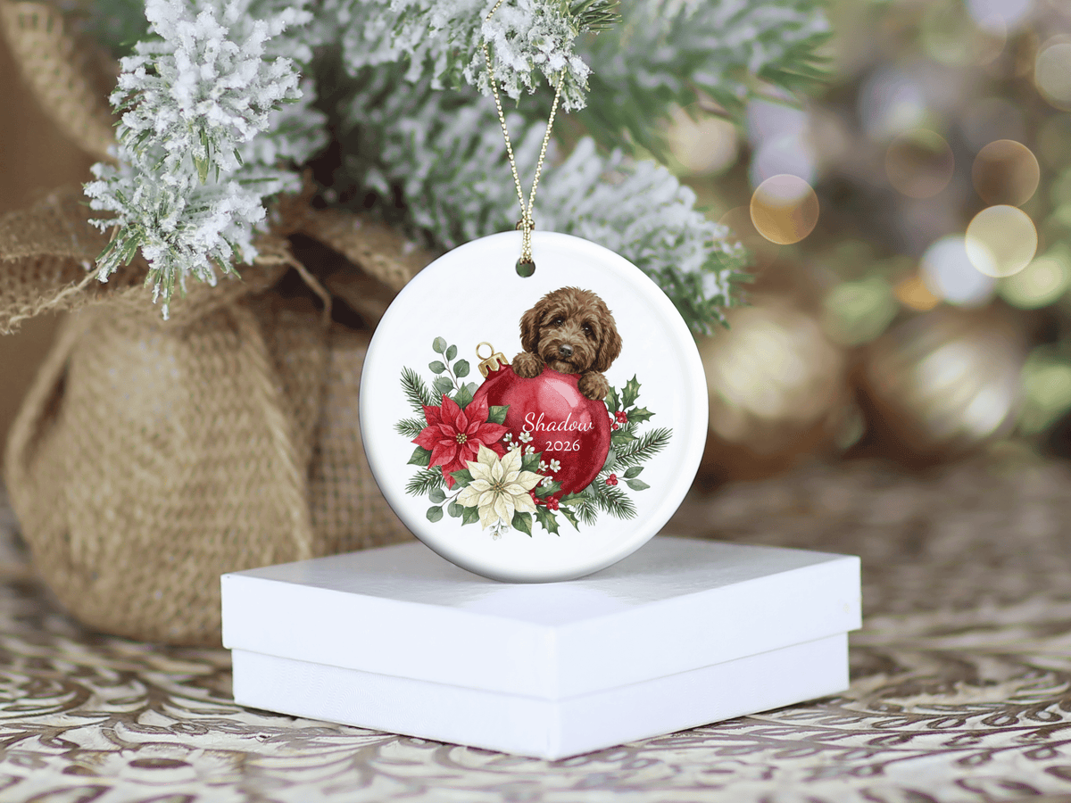 First Christmas Chocolate Goldendoodle Ornament in by AnywherePOD
