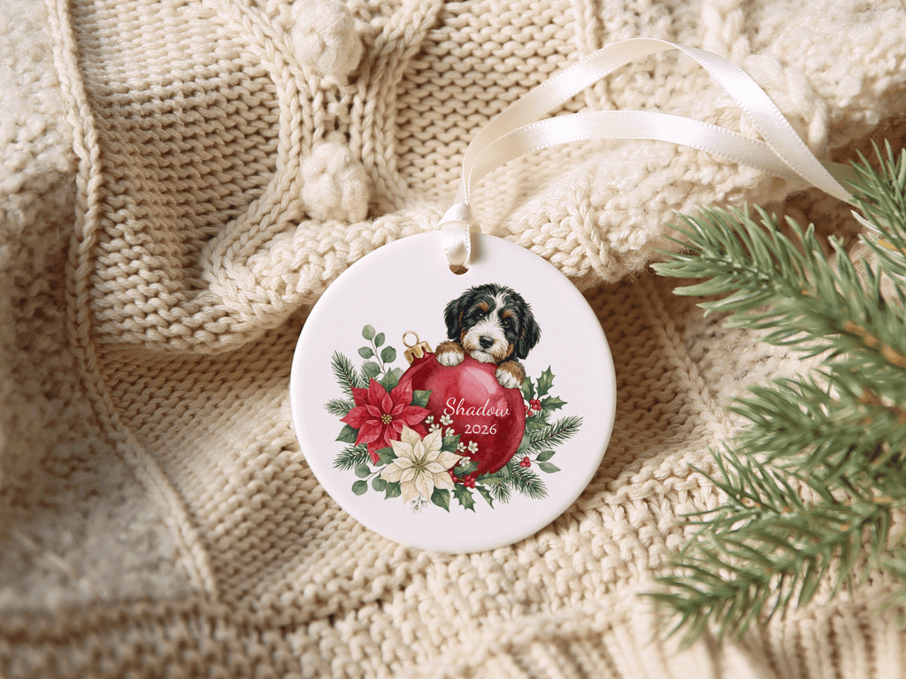 First Christmas Bernedoodle Ornament in by AnywherePOD