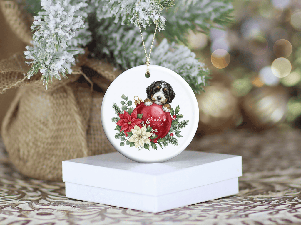 First Christmas Bernedoodle Ornament in by AnywherePOD