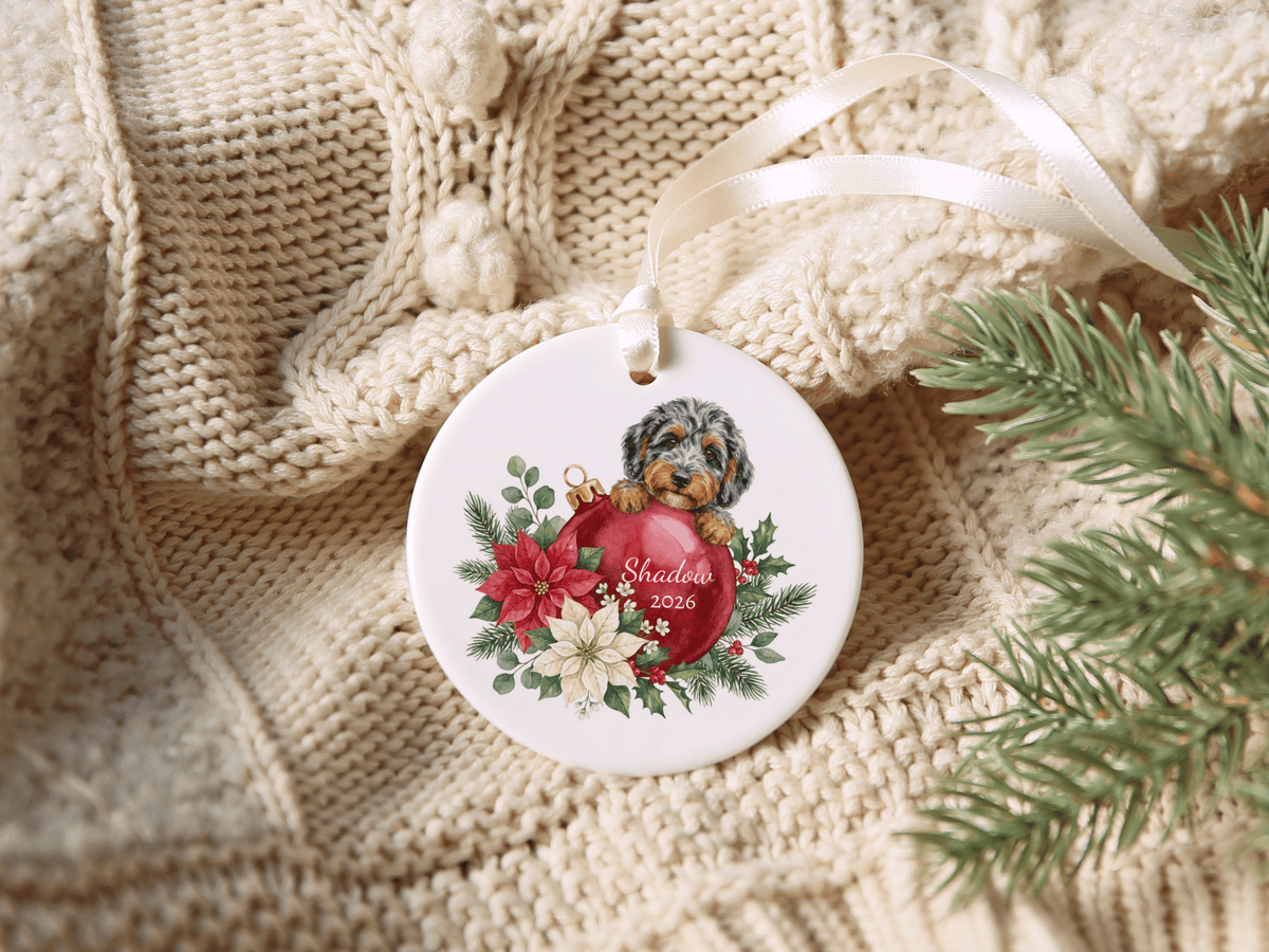 First Christmas Aussiedoodle Ornament in by AnywherePOD