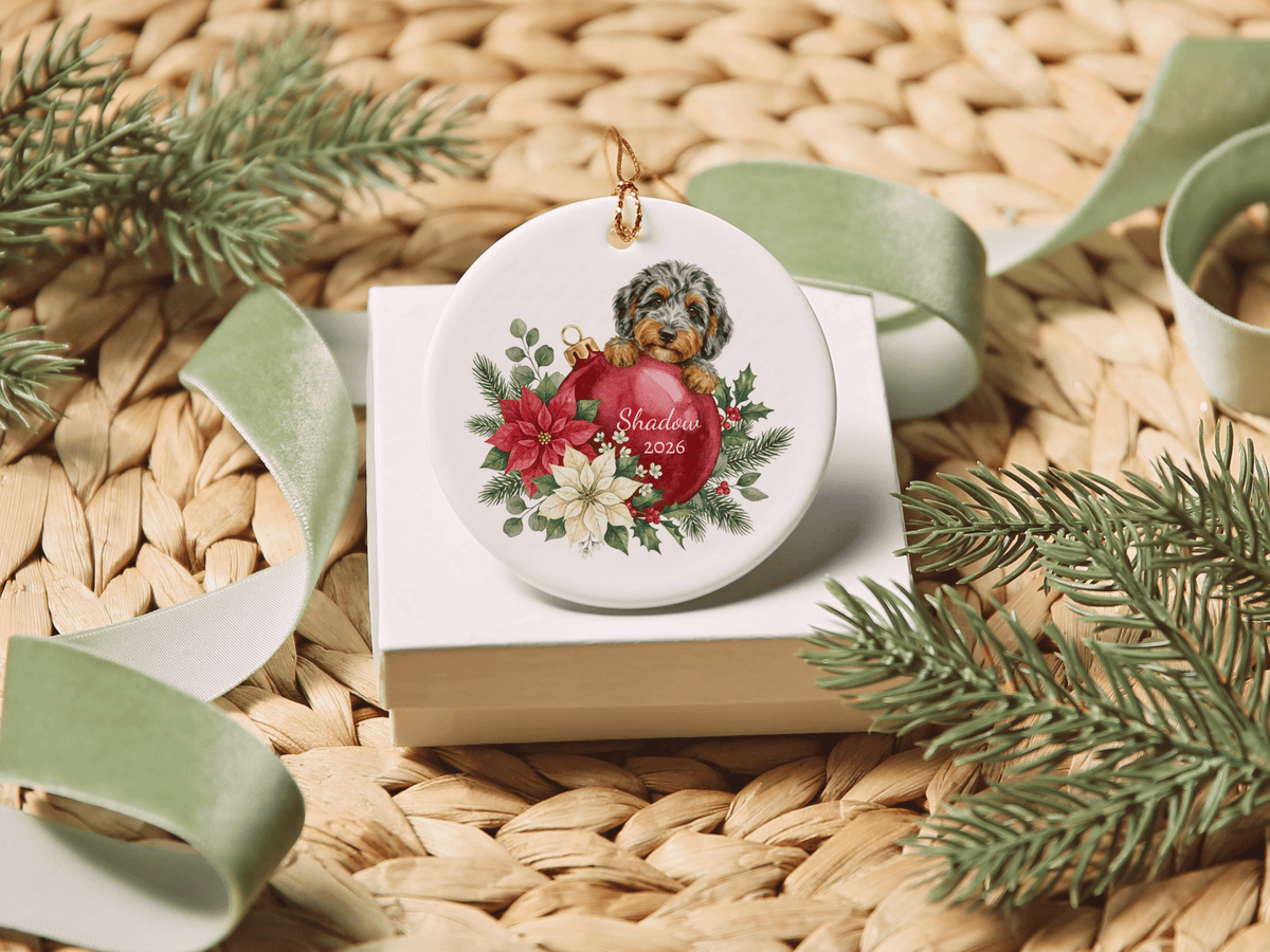 First Christmas Aussiedoodle Ornament in by AnywherePOD