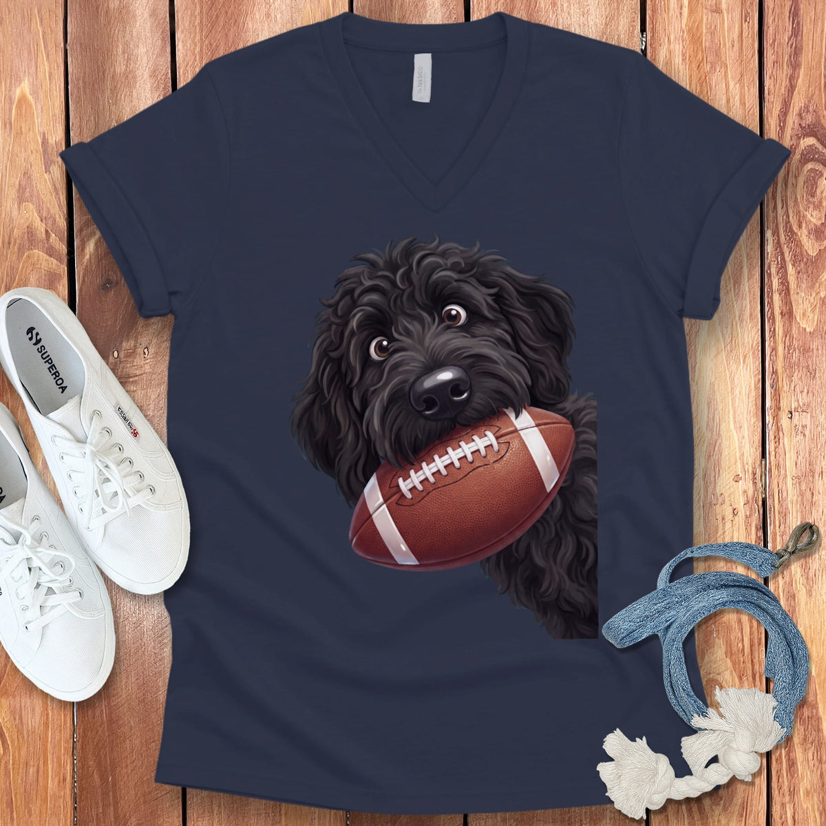Black Goldendoodle Football V-Neck T-Shirt in Navy / S by Puppy Jo