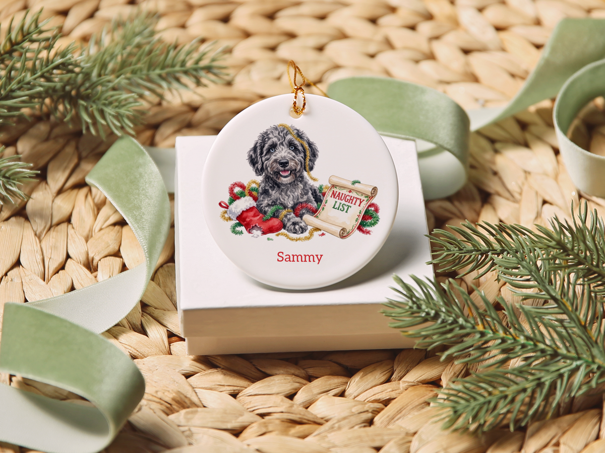 Naughty List Merle Goldendoodle Ornament in by AnywherePOD