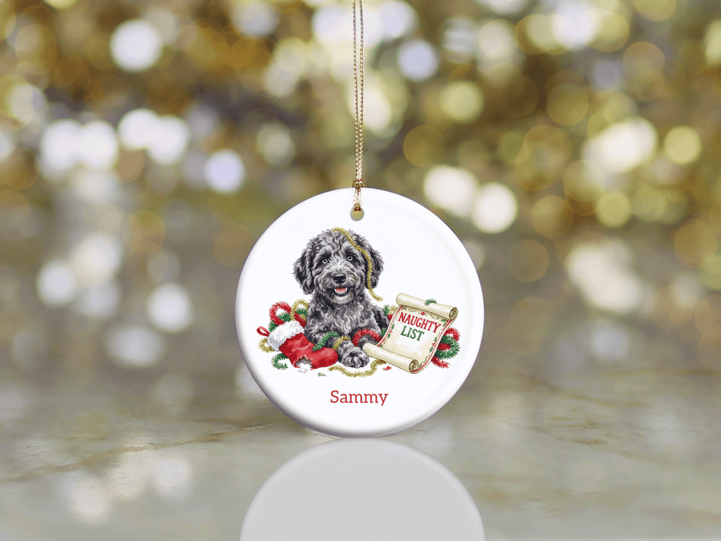 Naughty List Merle Goldendoodle Ornament in by AnywherePOD