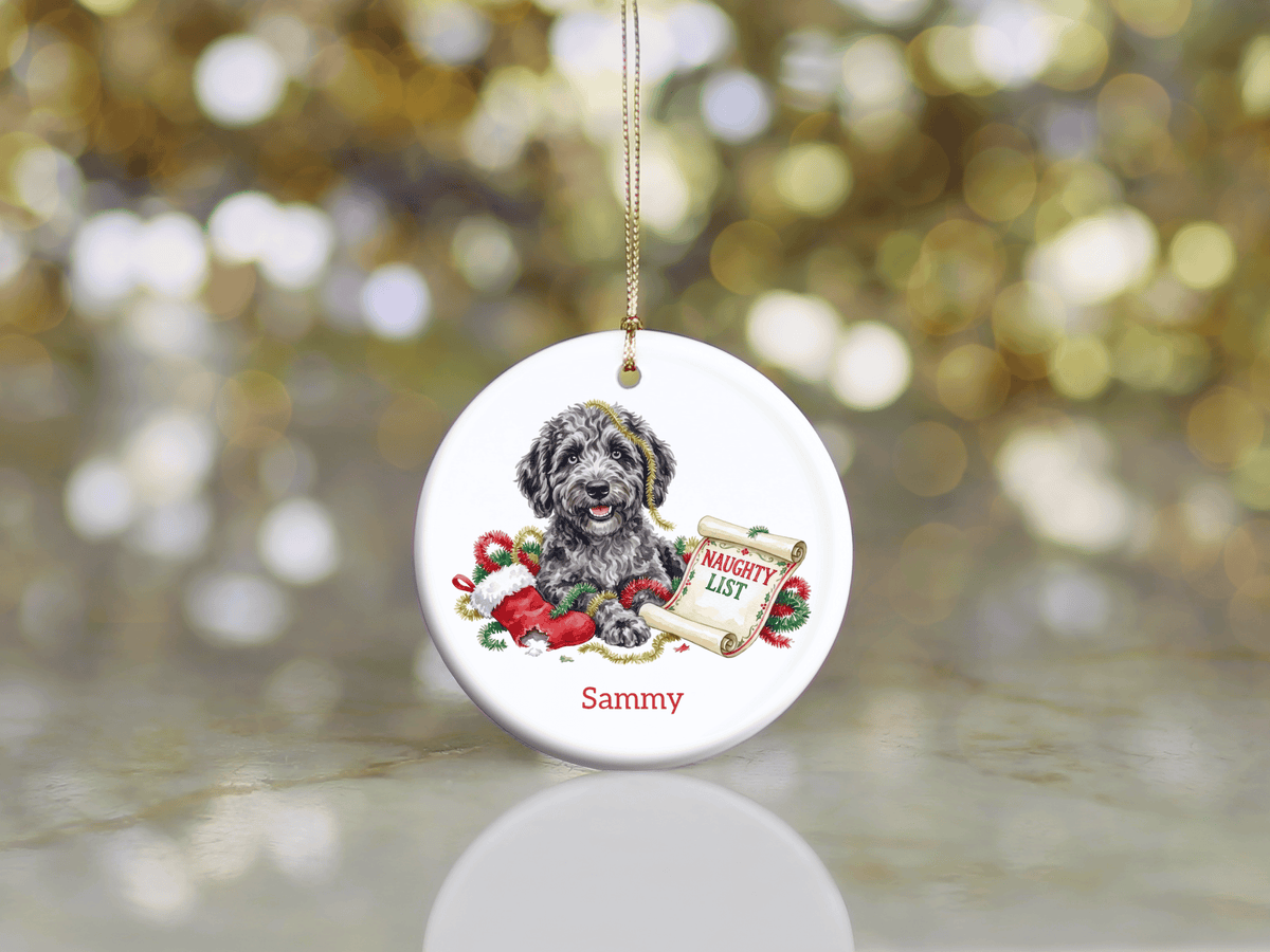 Naughty List Merle Goldendoodle Ornament in by AnywherePOD