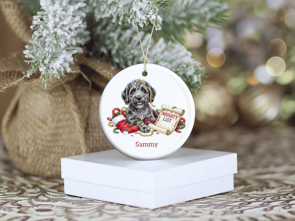 Naughty List Merle Goldendoodle Ornament in by AnywherePOD