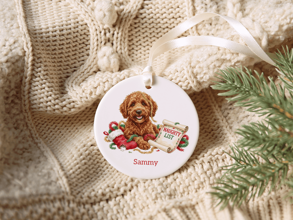 Naughty List Apricot Goldendoodle Ornament in by AnywherePOD