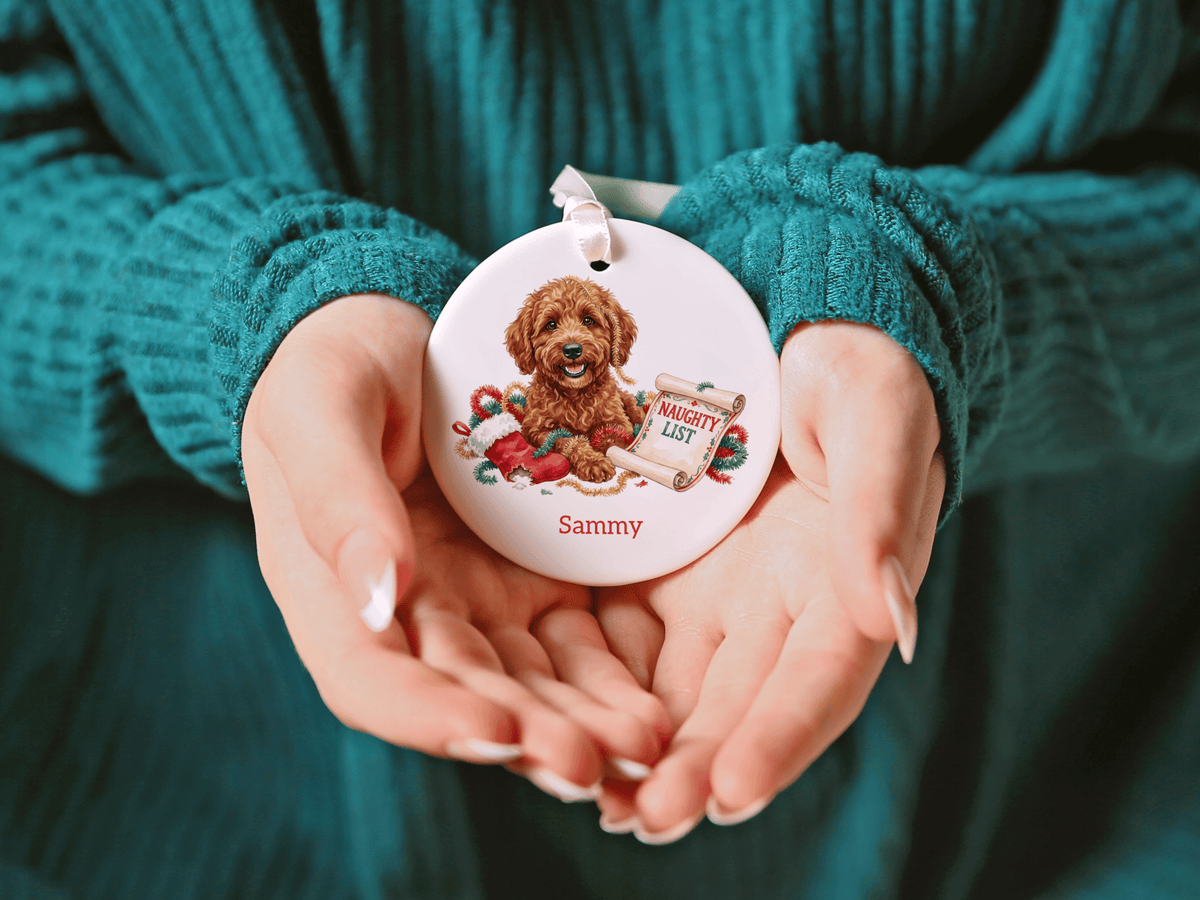 Naughty List Apricot Goldendoodle Ornament in by AnywherePOD
