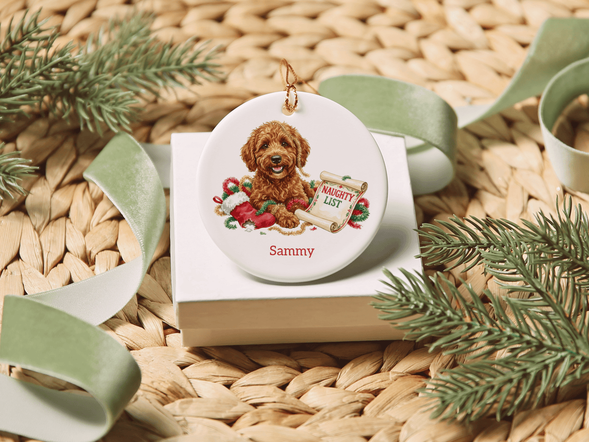 Naughty List Apricot Goldendoodle Ornament in by AnywherePOD