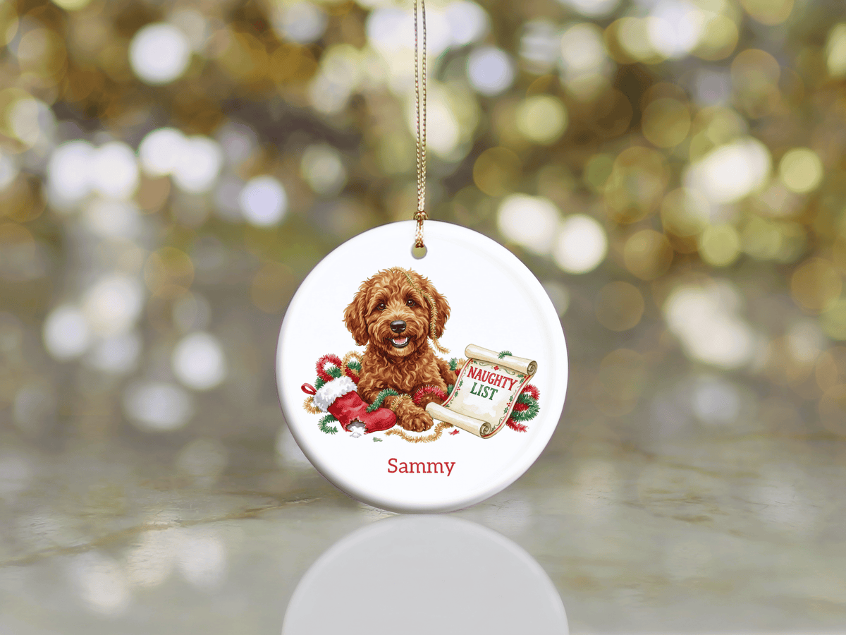 Naughty List Apricot Goldendoodle Ornament in by AnywherePOD