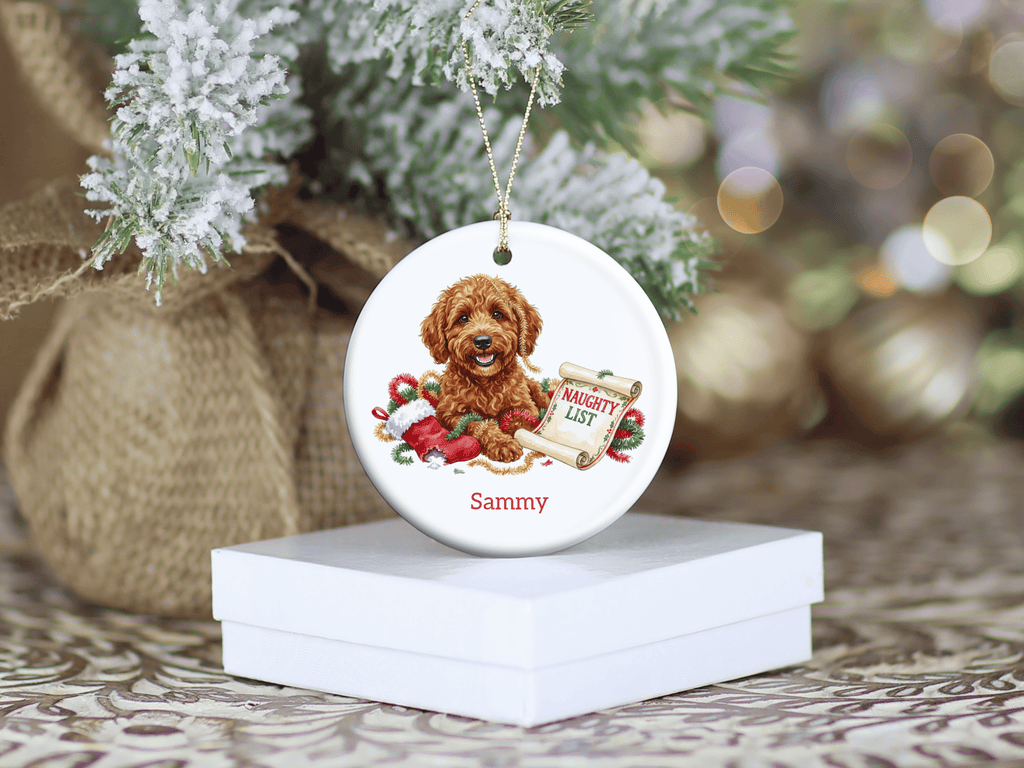 Naughty List Apricot Goldendoodle Ornament in by AnywherePOD
