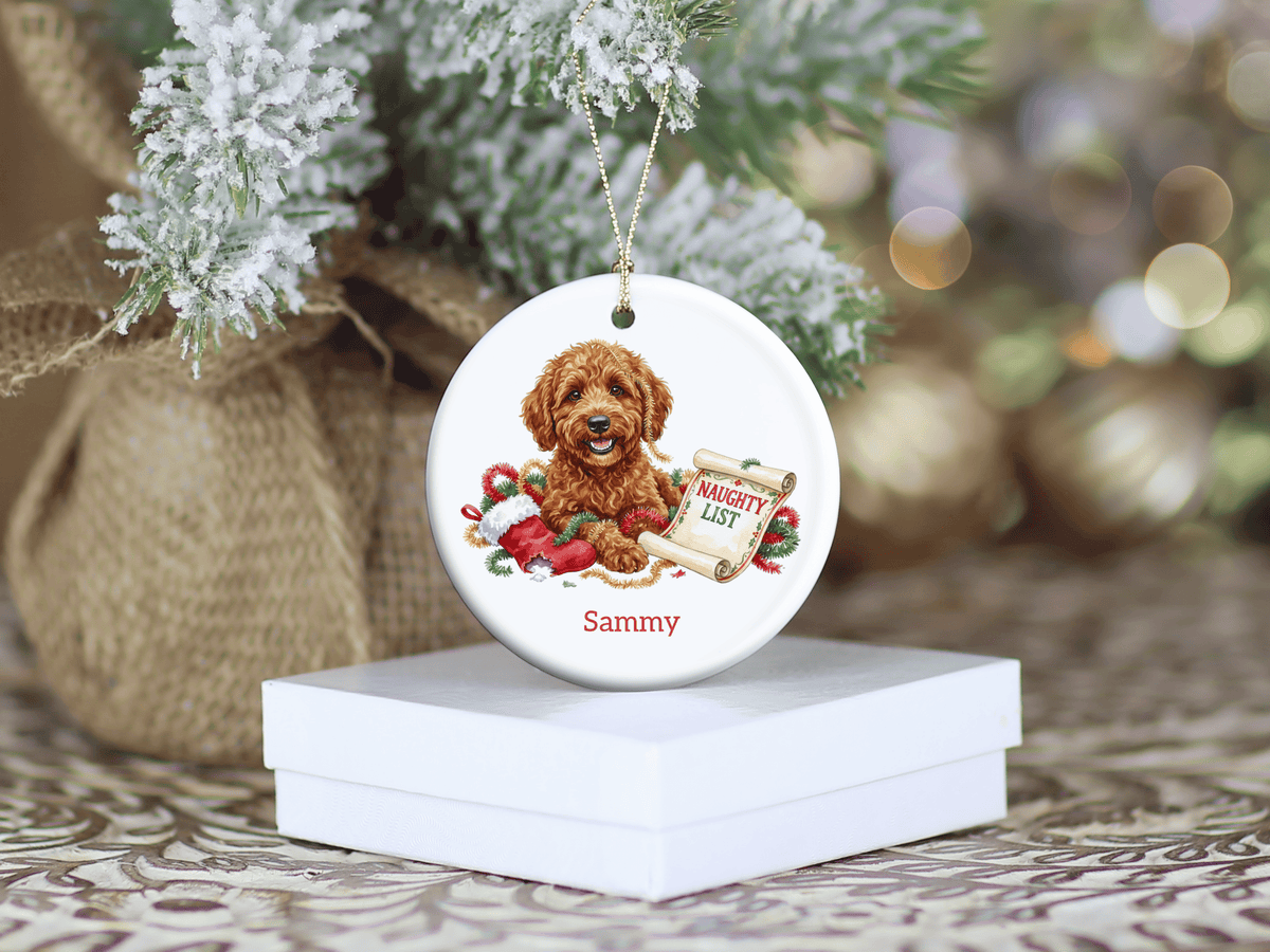 Naughty List Apricot Goldendoodle Ornament in by AnywherePOD