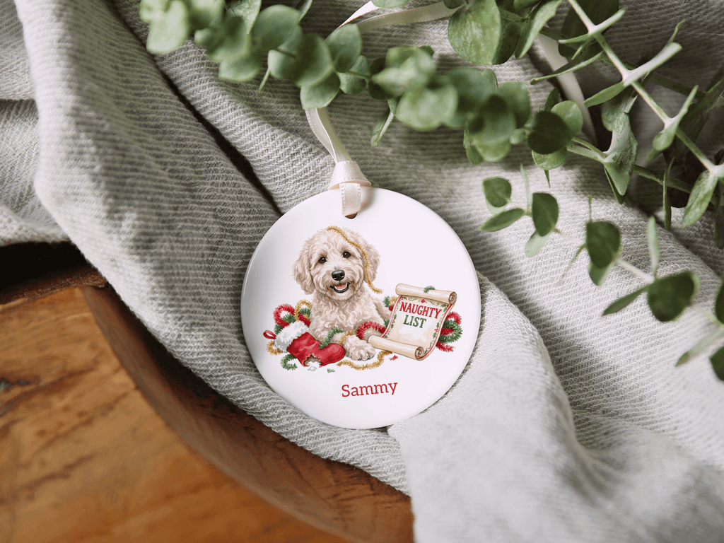 Naughty List Cream Goldendoodle Ornament in by AnywherePOD
