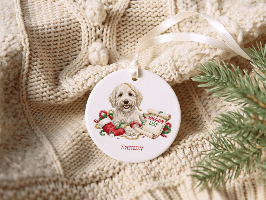 Naughty List Cream Goldendoodle Ornament in by AnywherePOD