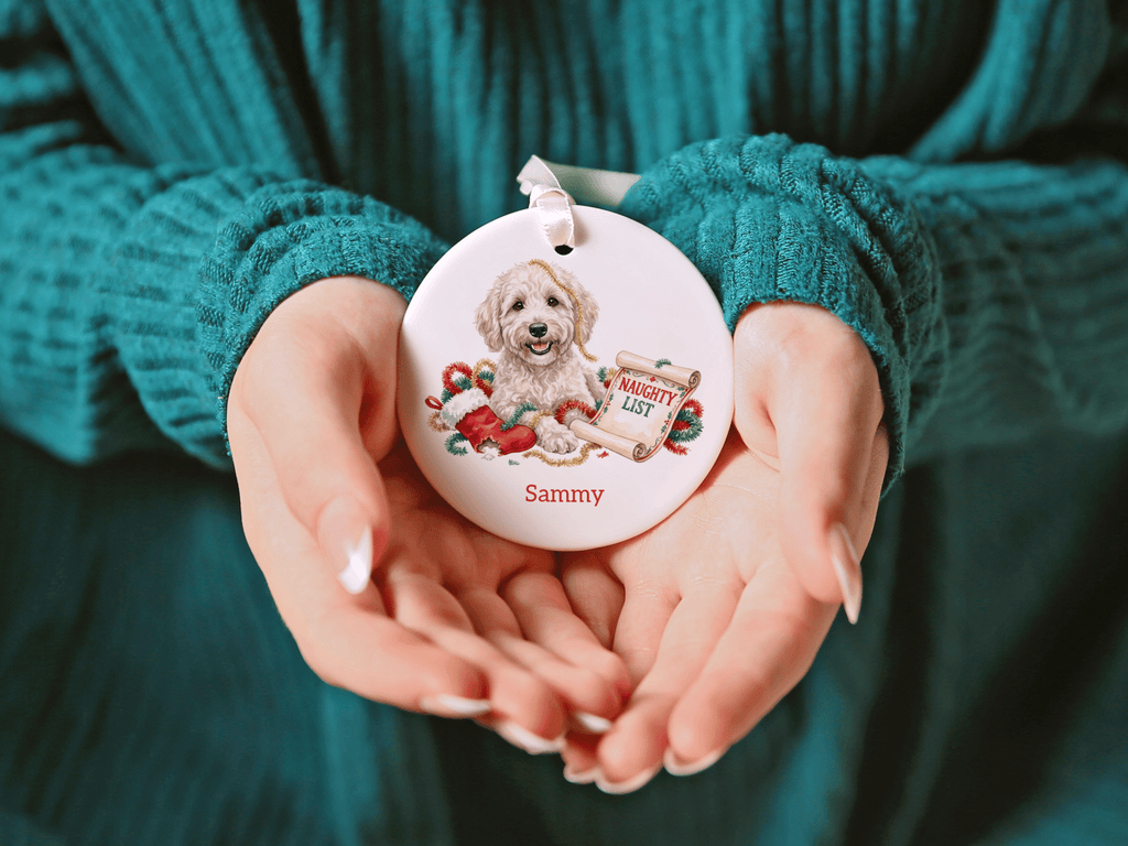 Naughty List Cream Goldendoodle Ornament in by AnywherePOD