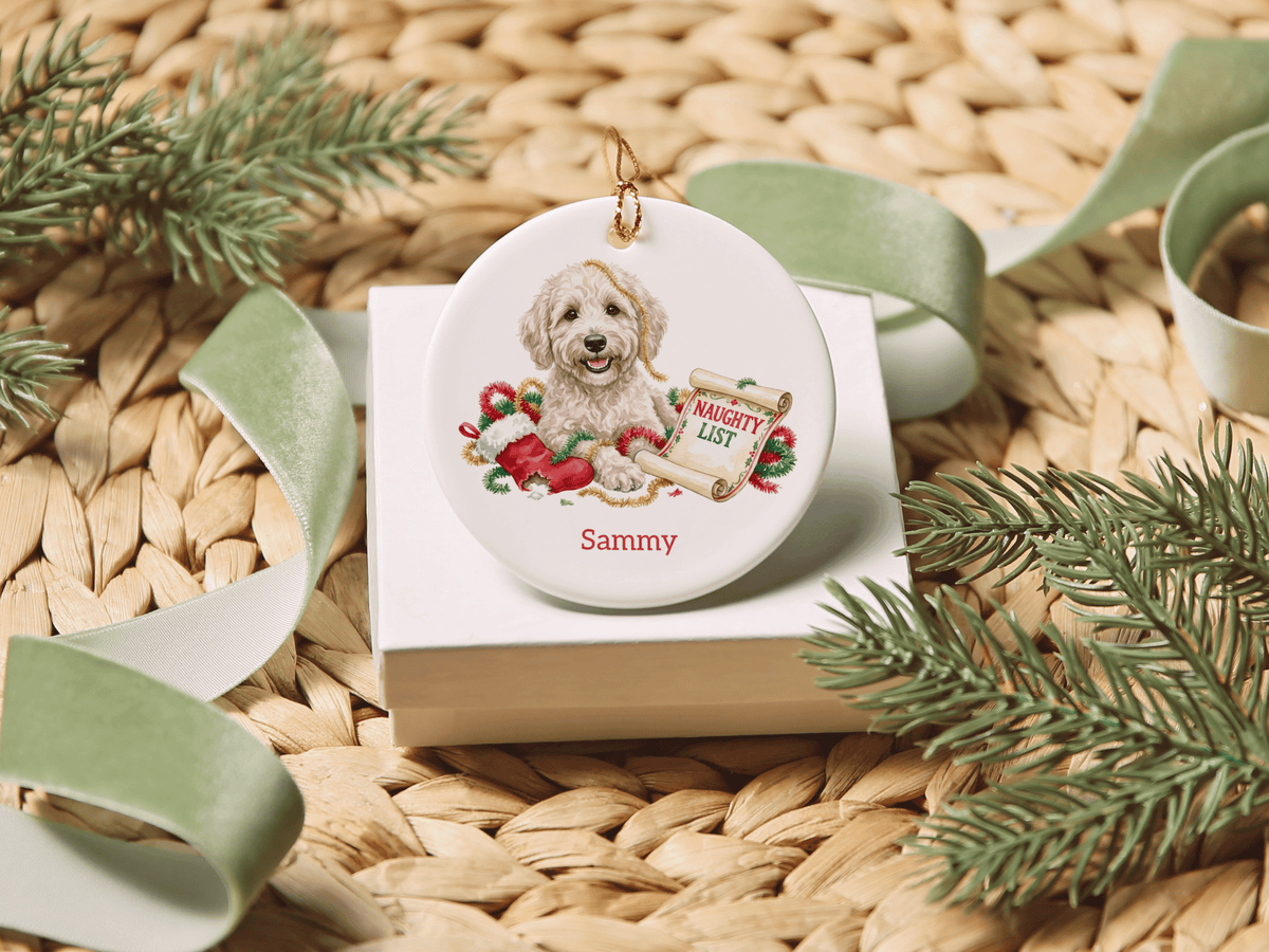 Naughty List Cream Goldendoodle Ornament in by AnywherePOD