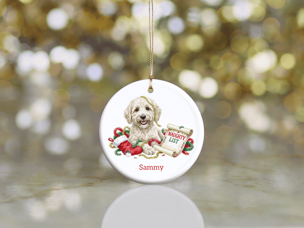 Naughty List Cream Goldendoodle Ornament in by AnywherePOD