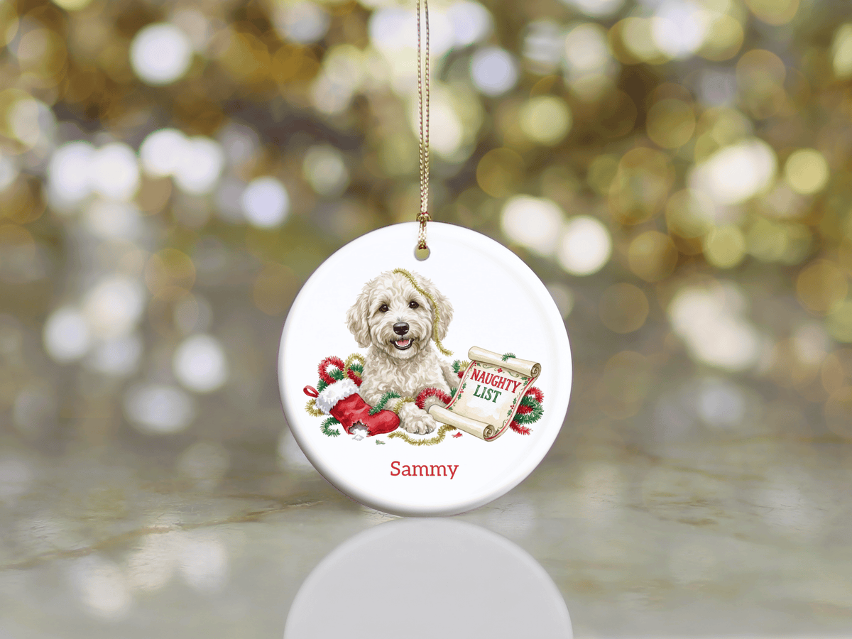 Naughty List Cream Goldendoodle Ornament in by AnywherePOD