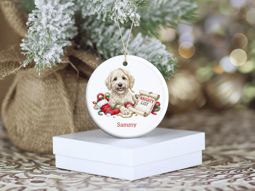 Naughty List Cream Goldendoodle Ornament in by AnywherePOD