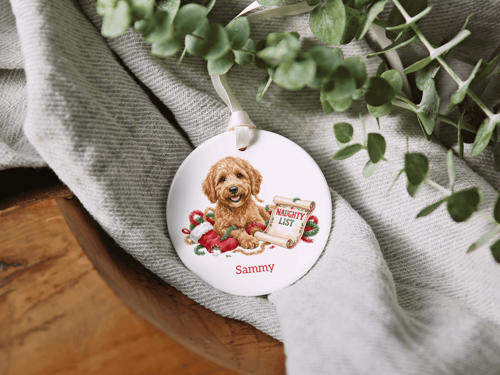 Naughty List Golden Goldendoodle Ornament in by AnywherePOD
