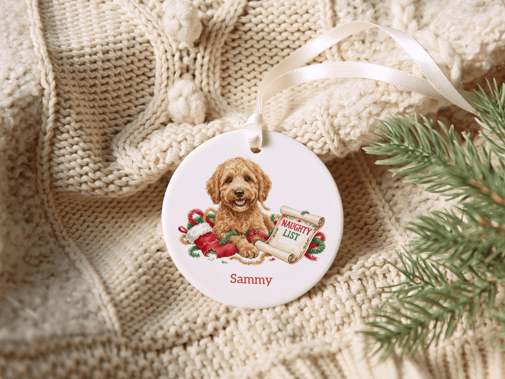 Naughty List Golden Goldendoodle Ornament in by AnywherePOD