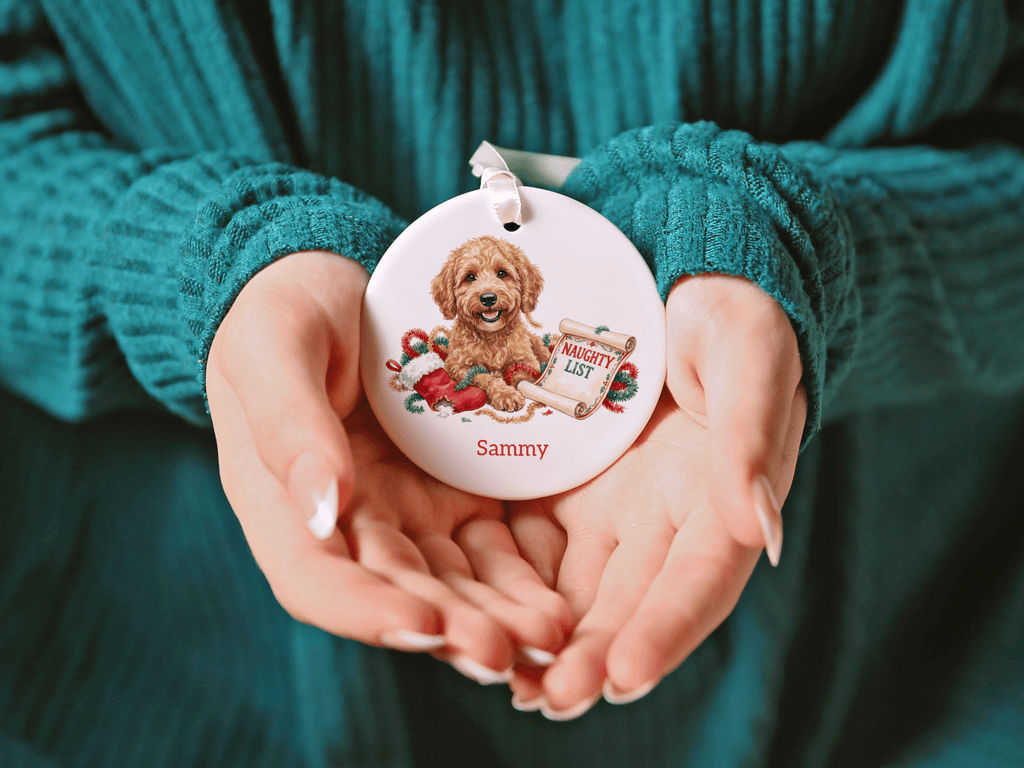 Naughty List Golden Goldendoodle Ornament in by AnywherePOD