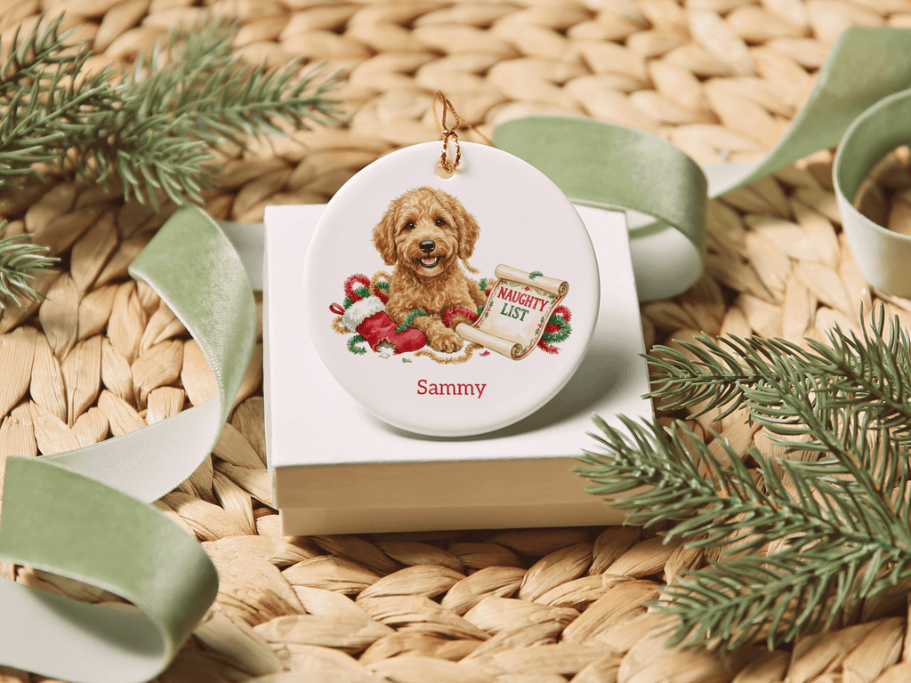 Naughty List Golden Goldendoodle Ornament in by AnywherePOD