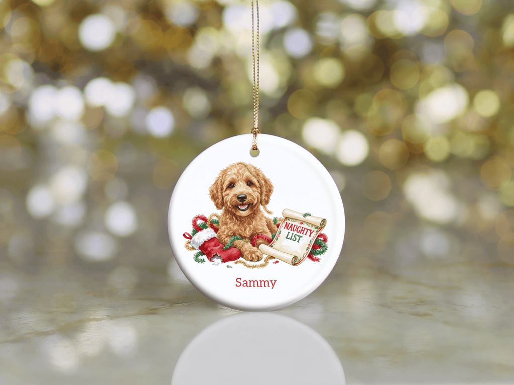 Naughty List Golden Goldendoodle Ornament in by AnywherePOD