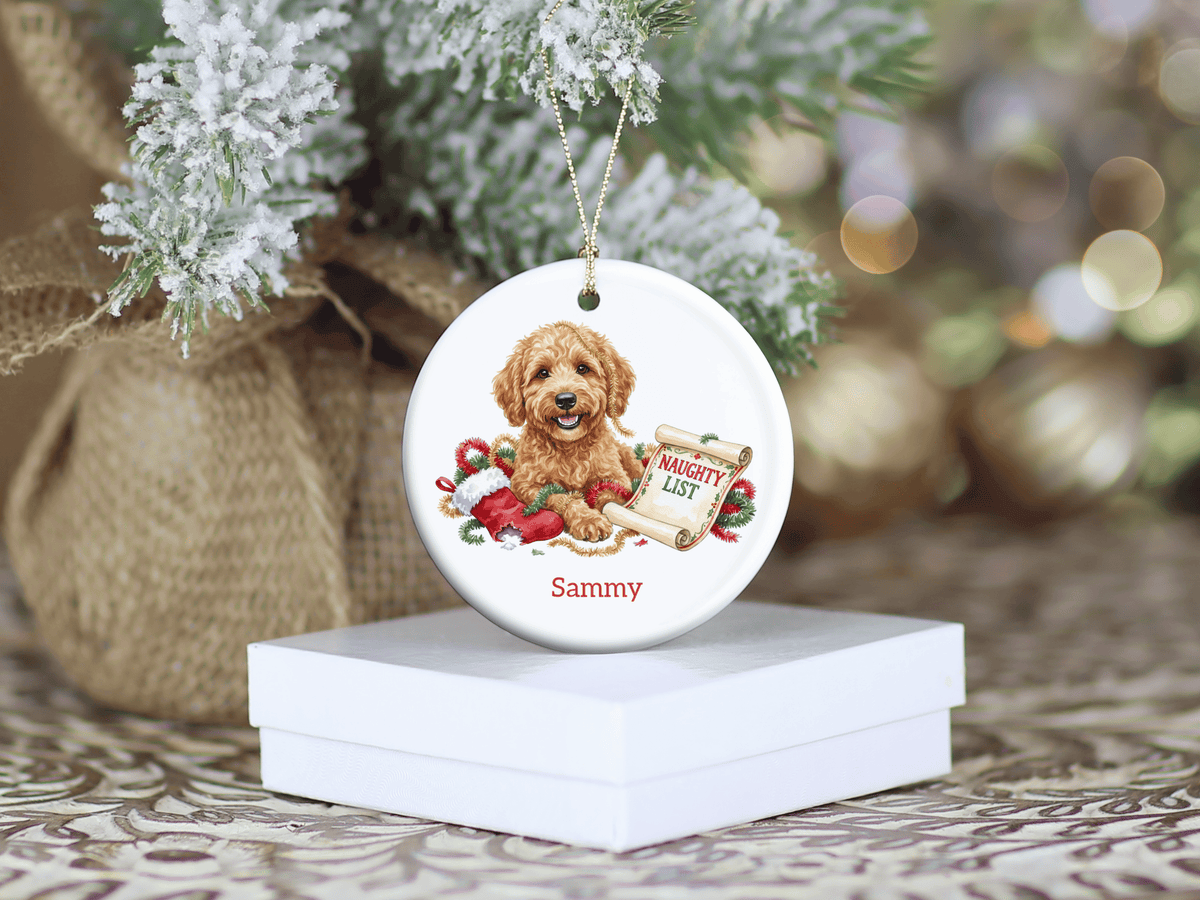 Naughty List Golden Goldendoodle Ornament in by AnywherePOD