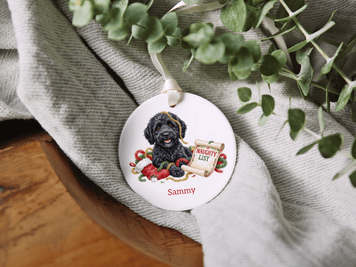 Naughty List Black Goldendoodle Ornament in by AnywherePOD
