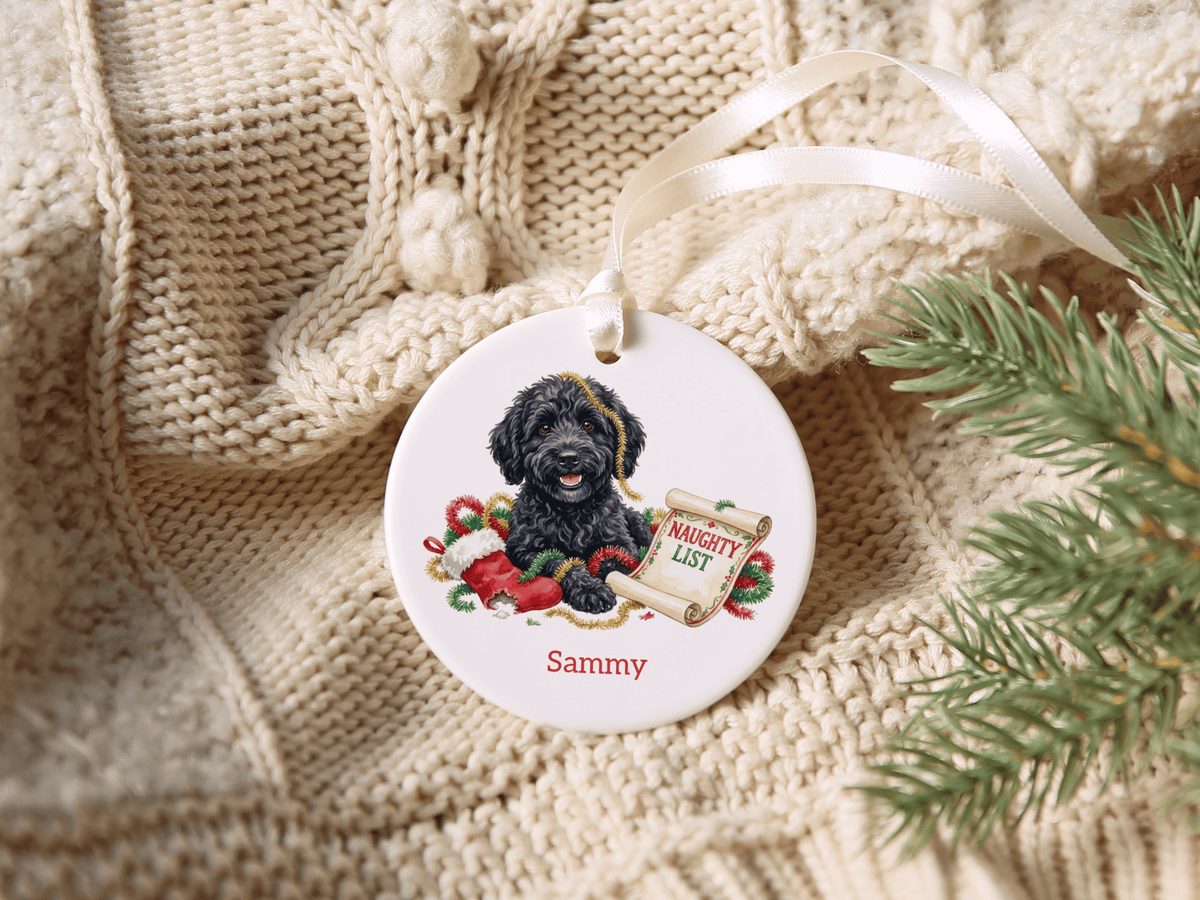 Naughty List Black Goldendoodle Ornament in by AnywherePOD