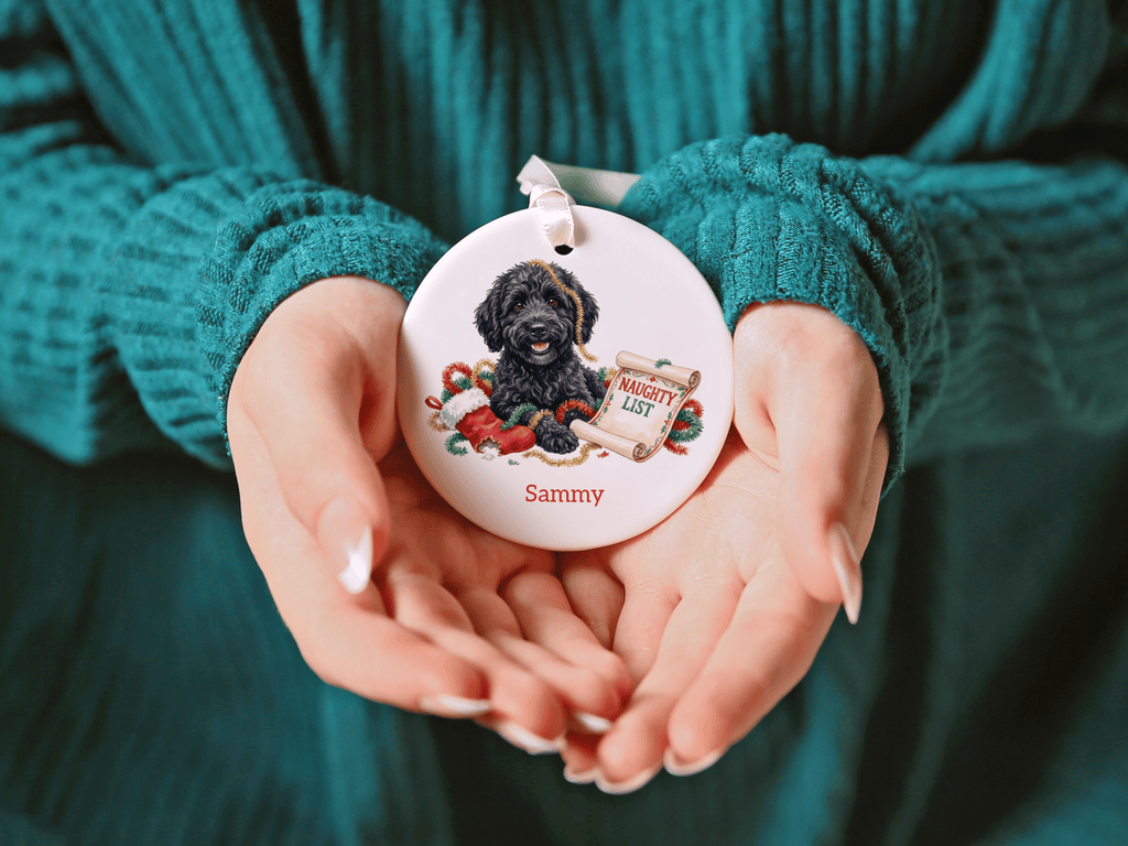 Naughty List Black Goldendoodle Ornament in by AnywherePOD