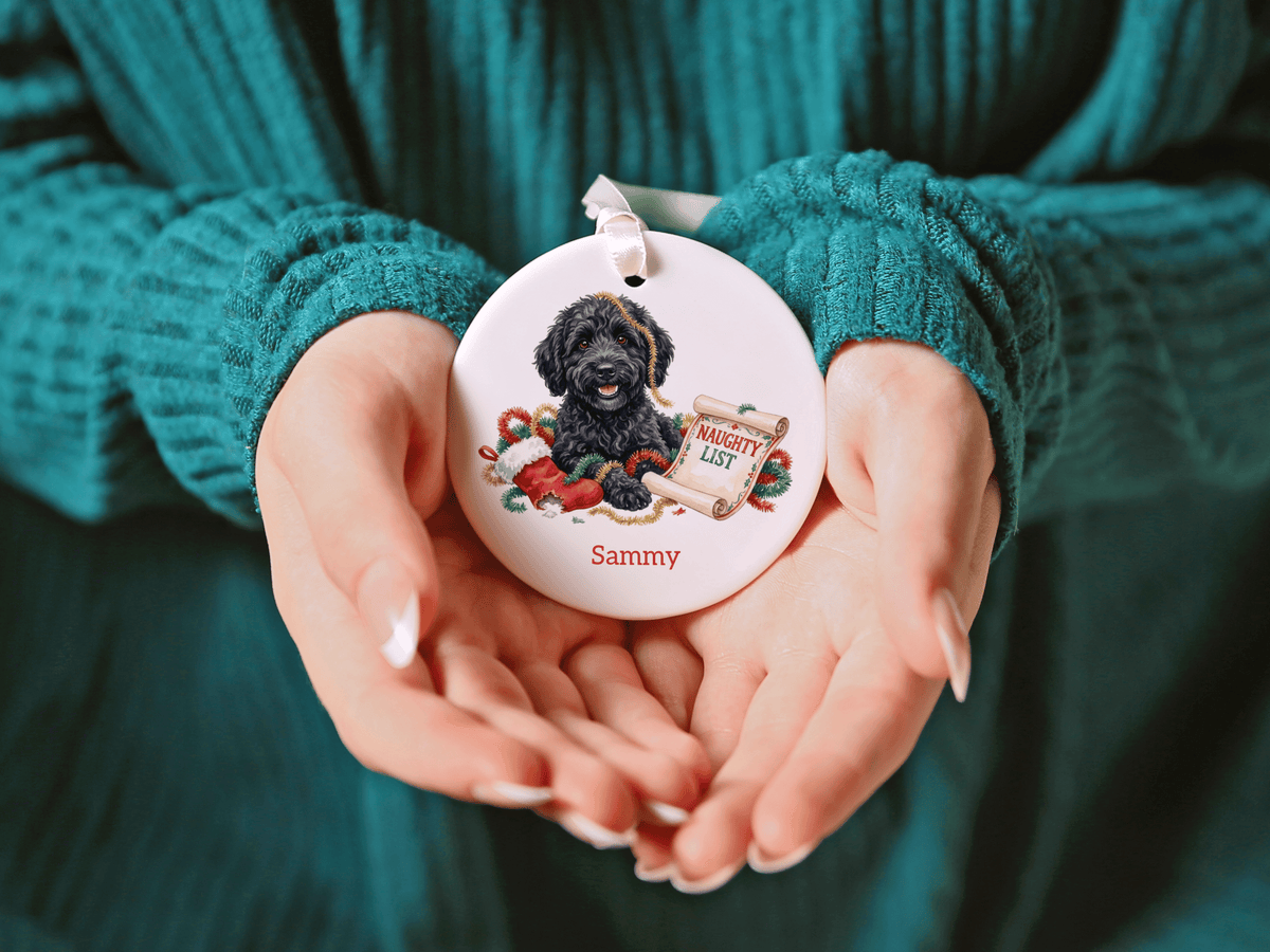 Naughty List Black Goldendoodle Ornament in by AnywherePOD