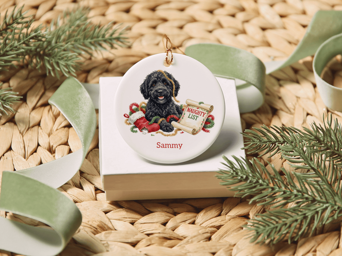 Naughty List Black Goldendoodle Ornament in by AnywherePOD