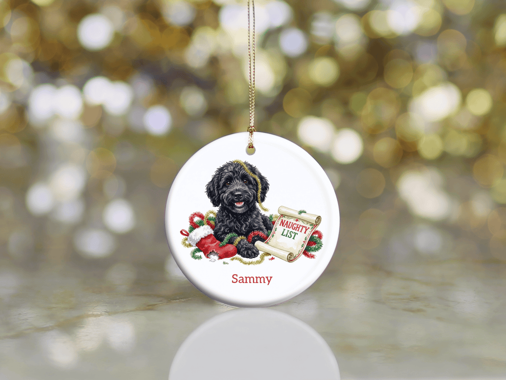 Naughty List Black Goldendoodle Ornament in by AnywherePOD