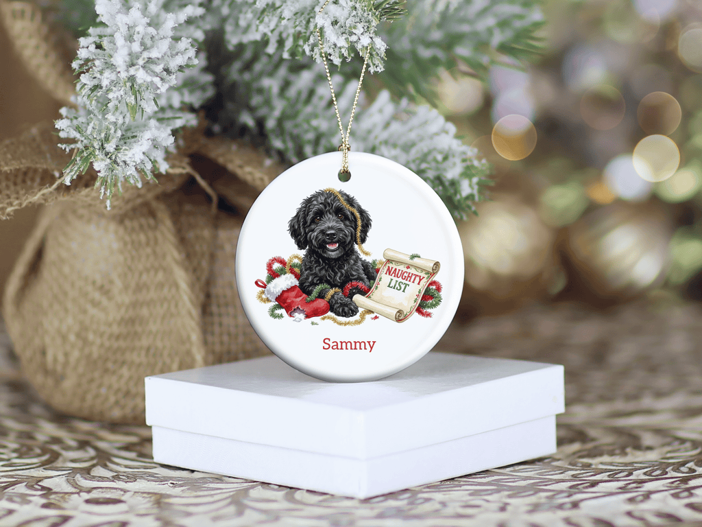 Naughty List Black Goldendoodle Ornament in by AnywherePOD