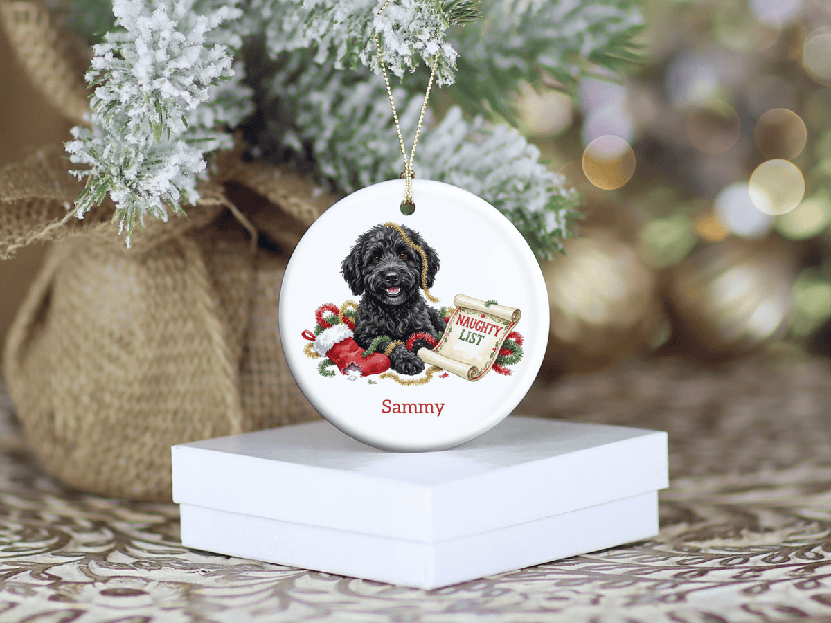 Naughty List Black Goldendoodle Ornament in by AnywherePOD