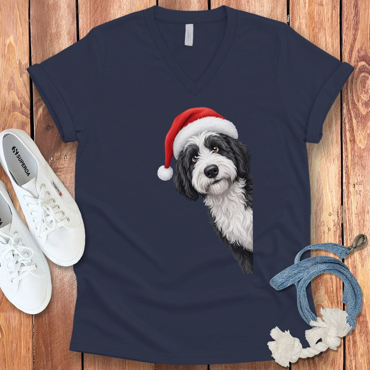 Sheepadoodle Holiday Santa V-Neck T-Shirt in Navy / S by Puppy Jo