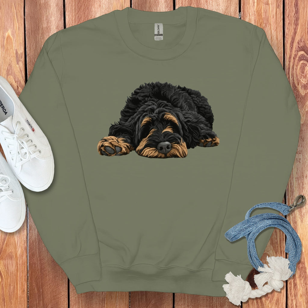 Phantom Goldendoodle Snoozing Sweatshirt in Military Green / S by Puppy Jo