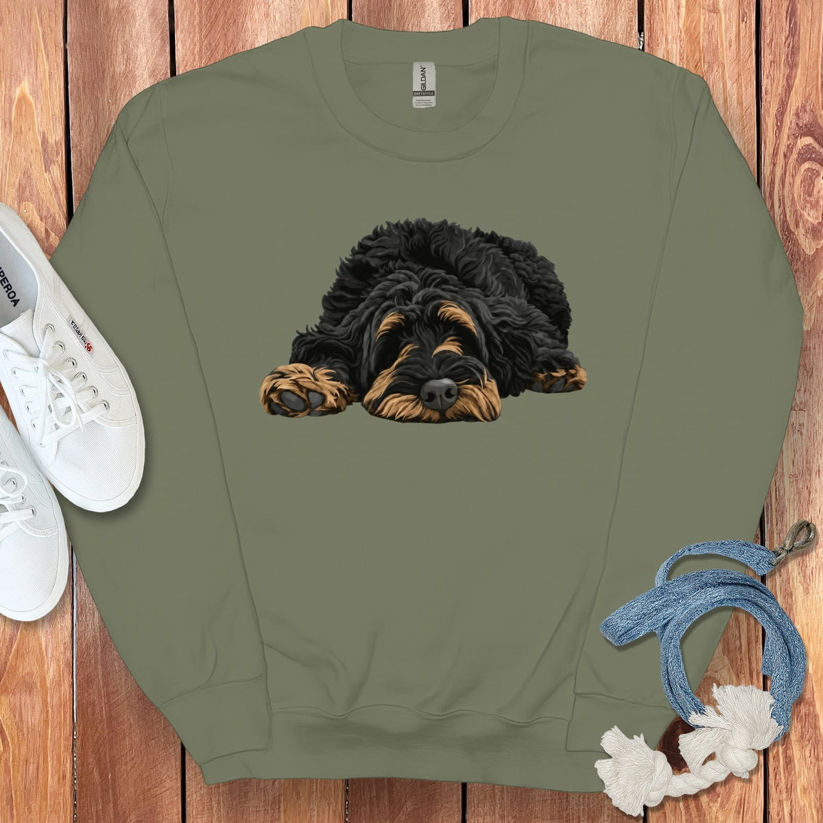 Phantom Goldendoodle Snoozing Sweatshirt in Military Green / S by Puppy Jo