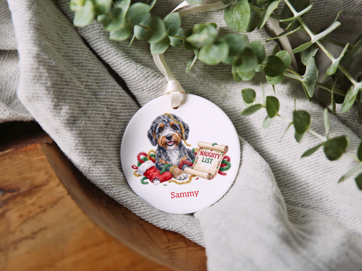 Naughty List Aussiedoodle Ornament