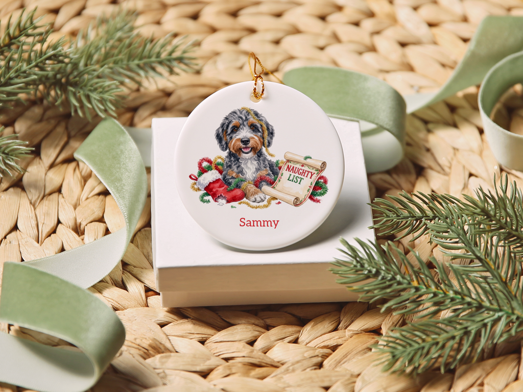 Naughty List Aussiedoodle Ornament