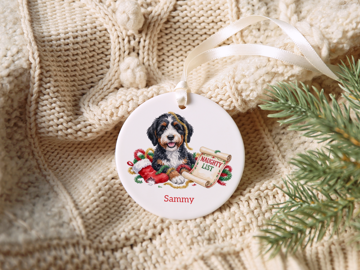 Naughty List Bernedoodle Ornament