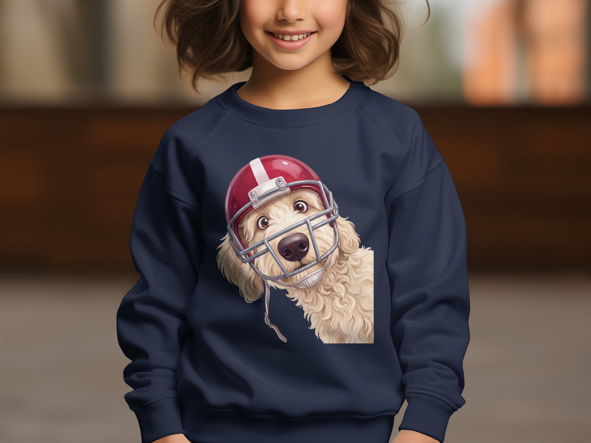 Navy sweatshirt with a cream doodle dog wearing a red football helmet design.