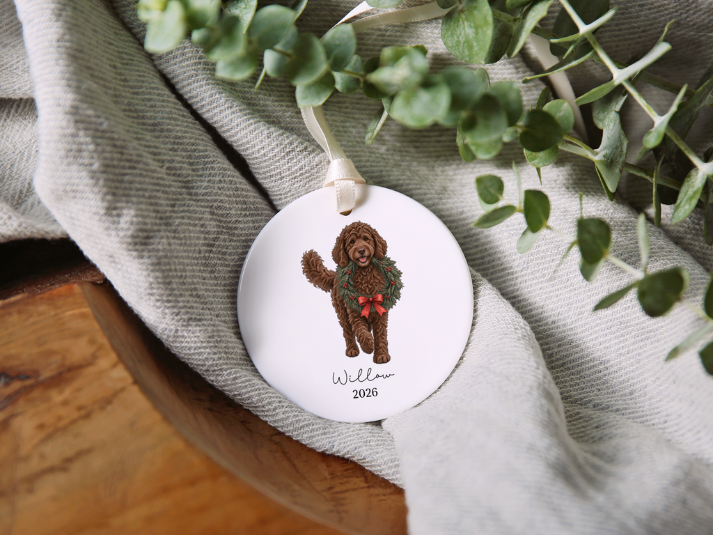 Chocolate Goldendoodle Wreath Ornament