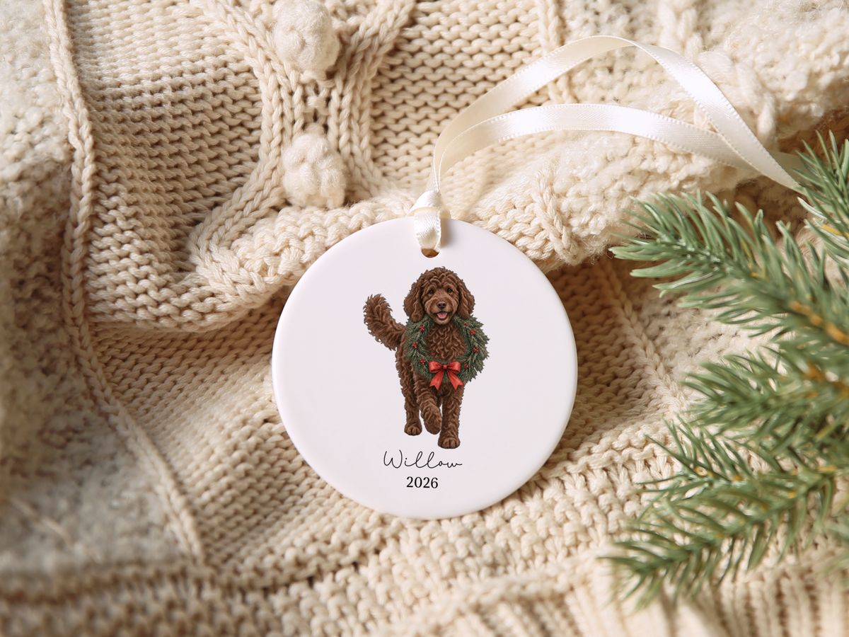 Chocolate Goldendoodle Wreath Ornament