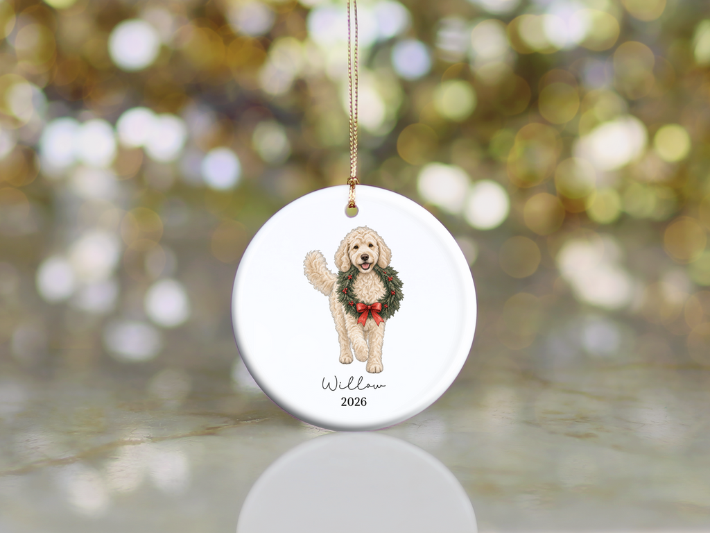 Cream Goldendoodle Wreath Ornament