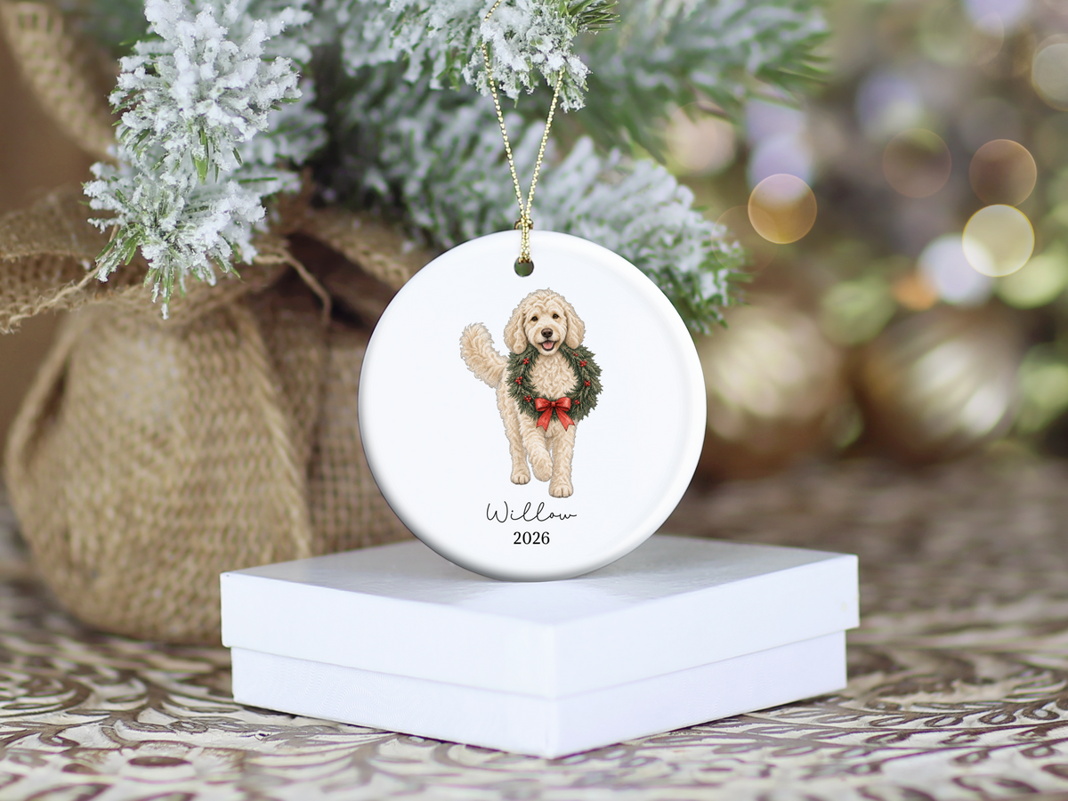 Cream Goldendoodle Wreath Ornament