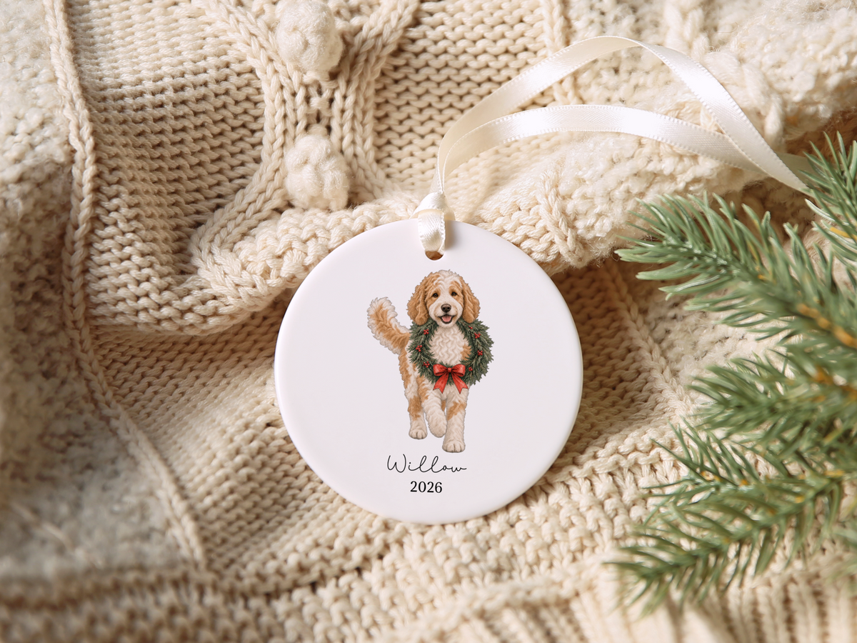 Parti Goldendoodle Wreath Ornament